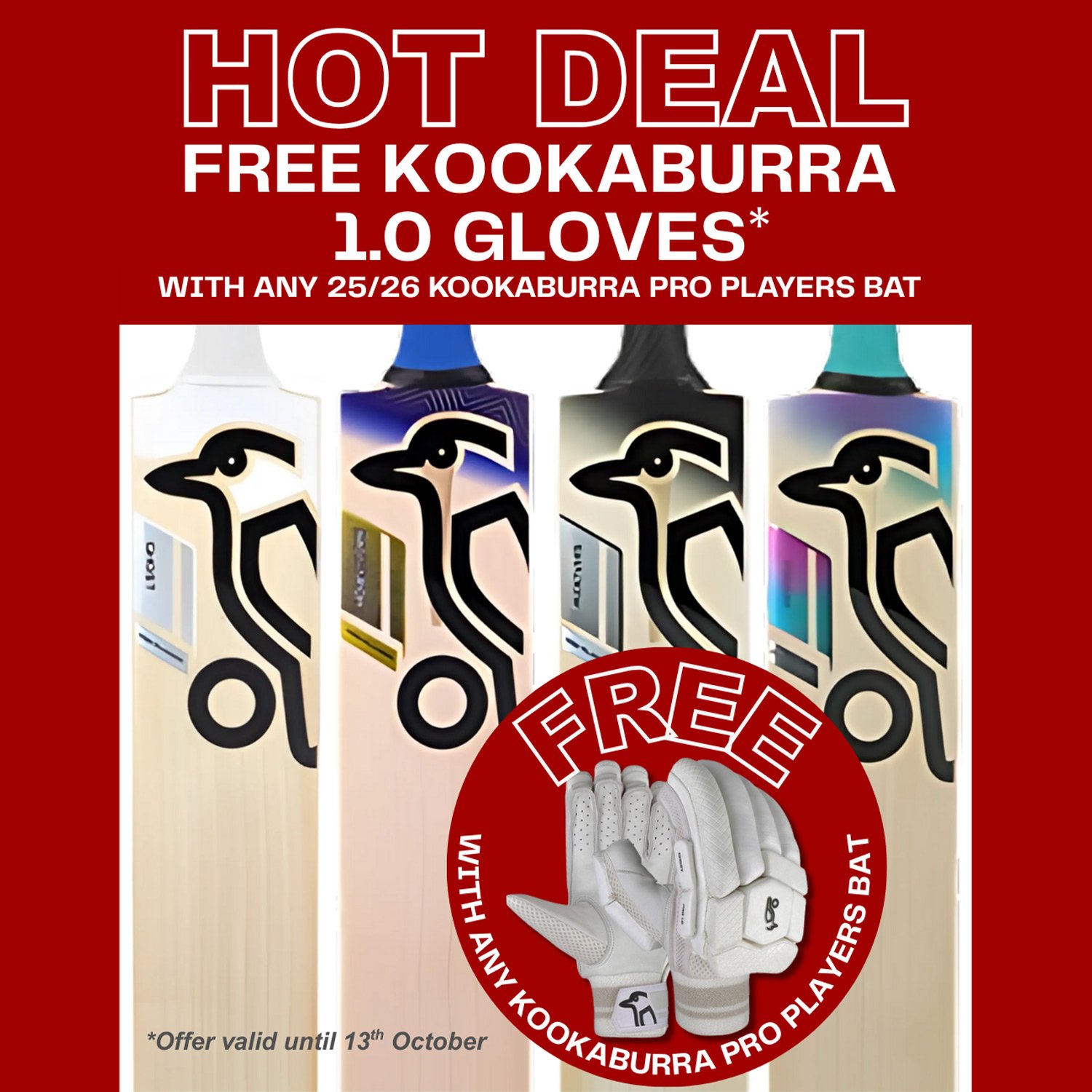 Kookaburra Pro Players cricket bats promotion — free Pro 1.0 batting gloves